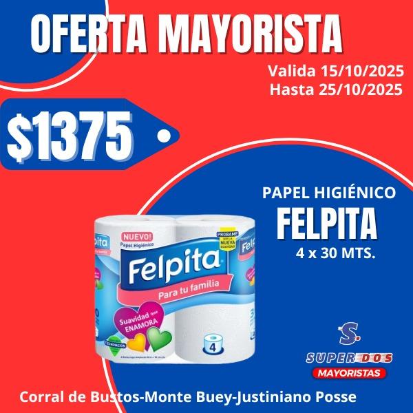 PAPEL HIGIENCO FELPITA BLANCO 4 X 30 MTS.